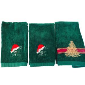 Vintage RA Briggs Green Christmas Tree Cat Santa Hat Hand Towels Embroider Lot 3
